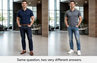 Side-by-side comparison of a polished jeans and polo outfit versus distressed jeans with sneakers.