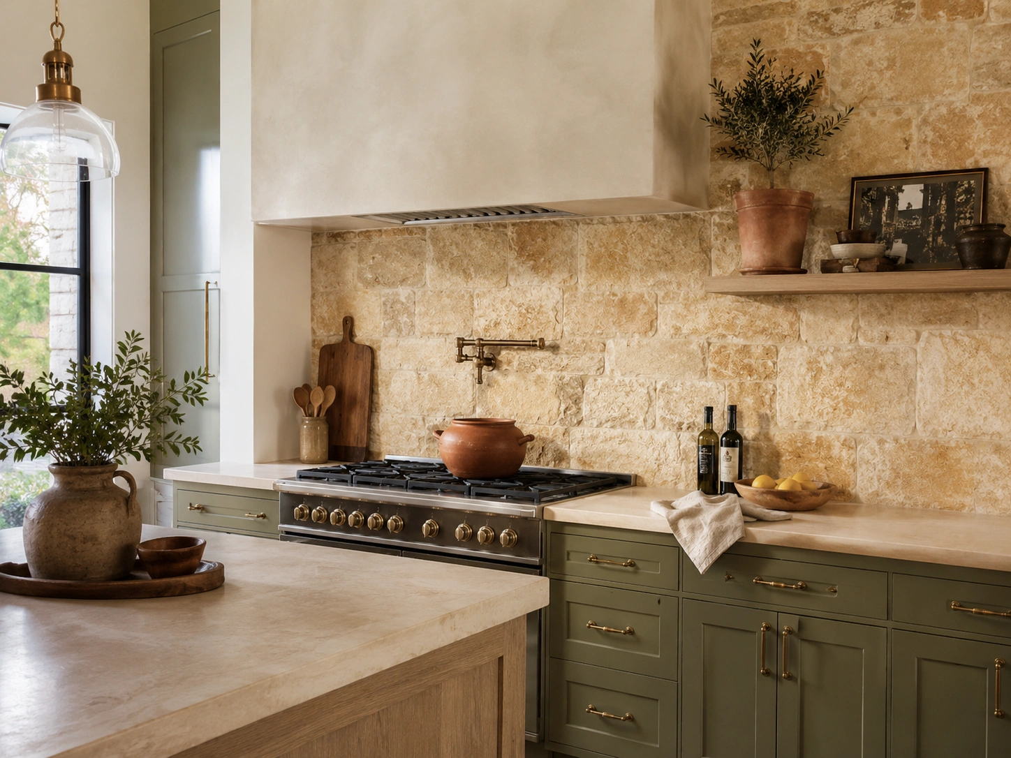 Jerusalem Gold limestone backsplash in a Mediterranean kitchen with olive cabinets and brass hardware