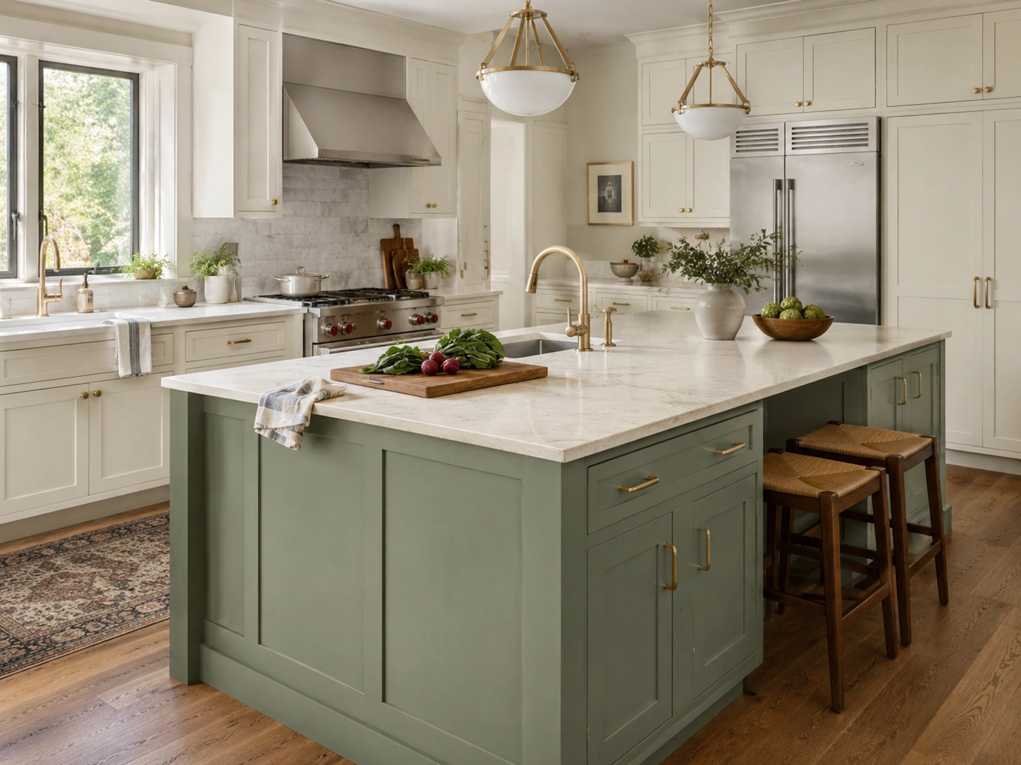 Jewel-tone green kitchen island with brushed gold hardware, marble countertop, and cream cabinets