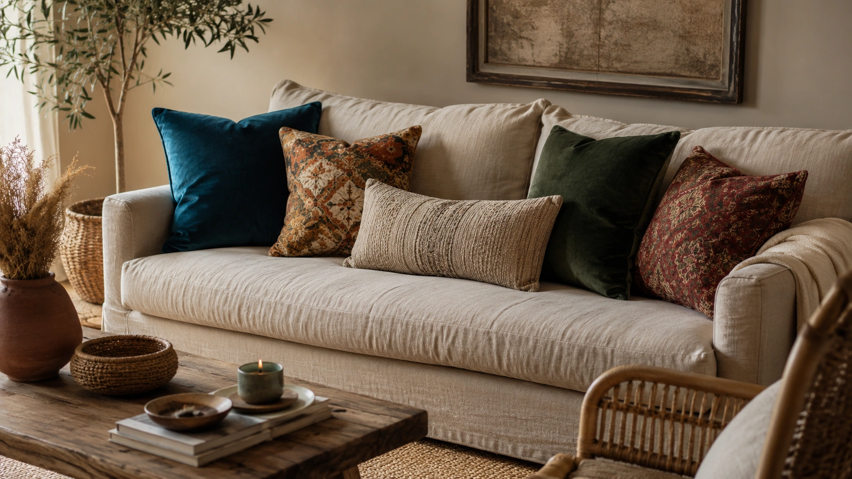 Jewel-toned velvet throw pillows on a neutral linen sofa in a cozy boho living room.