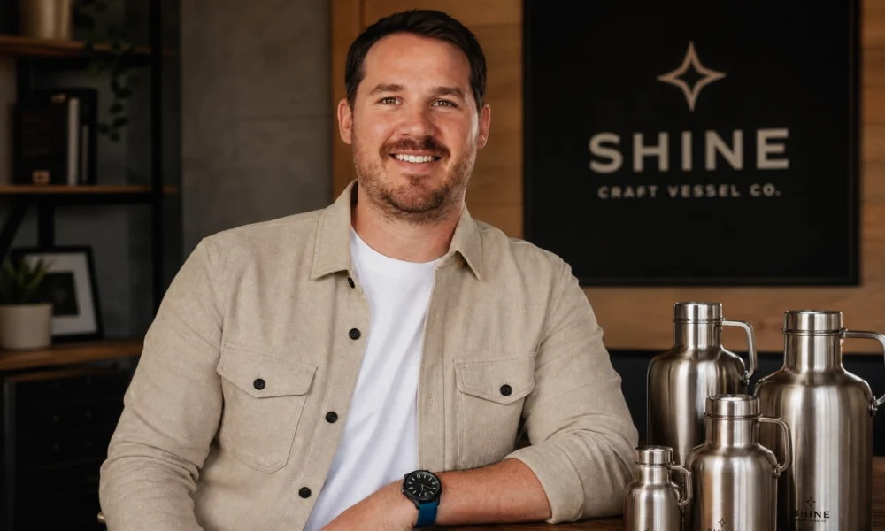 Jordan Childs smiling beside Shine Craft Vessel Co. stainless steel growlers with a branded sign in the background