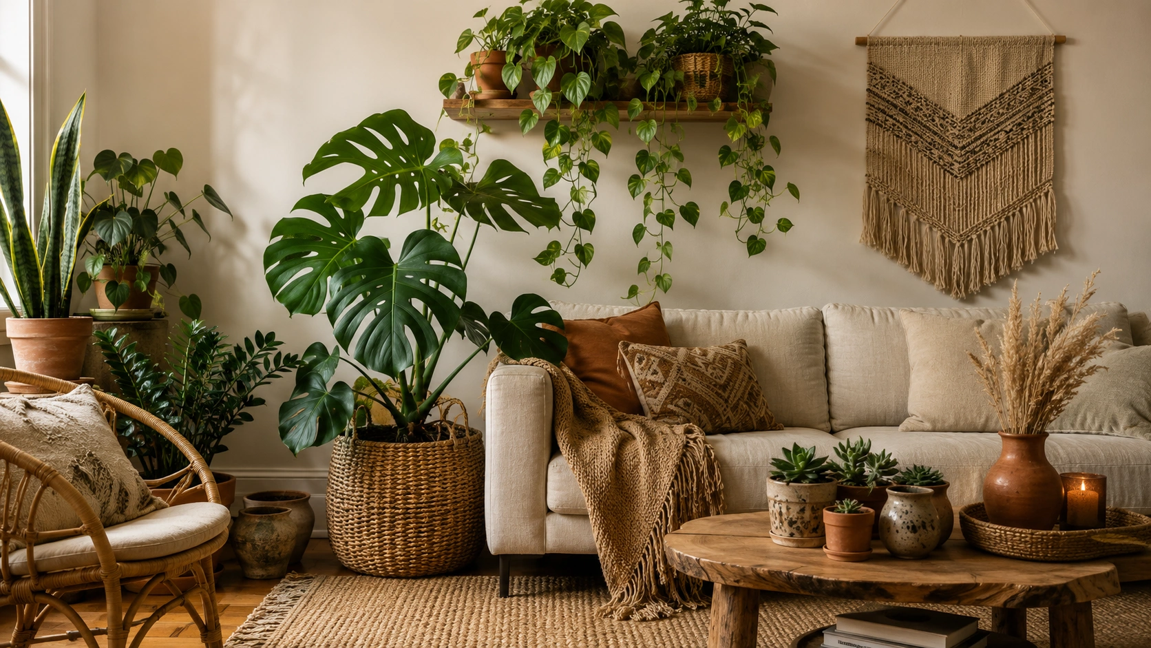 Jungle-boho living room with monstera, pothos, snake plant, succulents and neutral linen sofa.