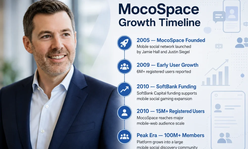 Justin Siegel MocoSpace growth timeline with business portrait and startup milestones