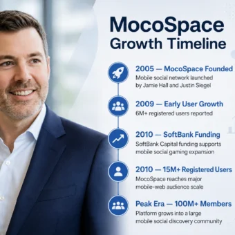 Justin Siegel MocoSpace growth timeline with business portrait and startup milestones