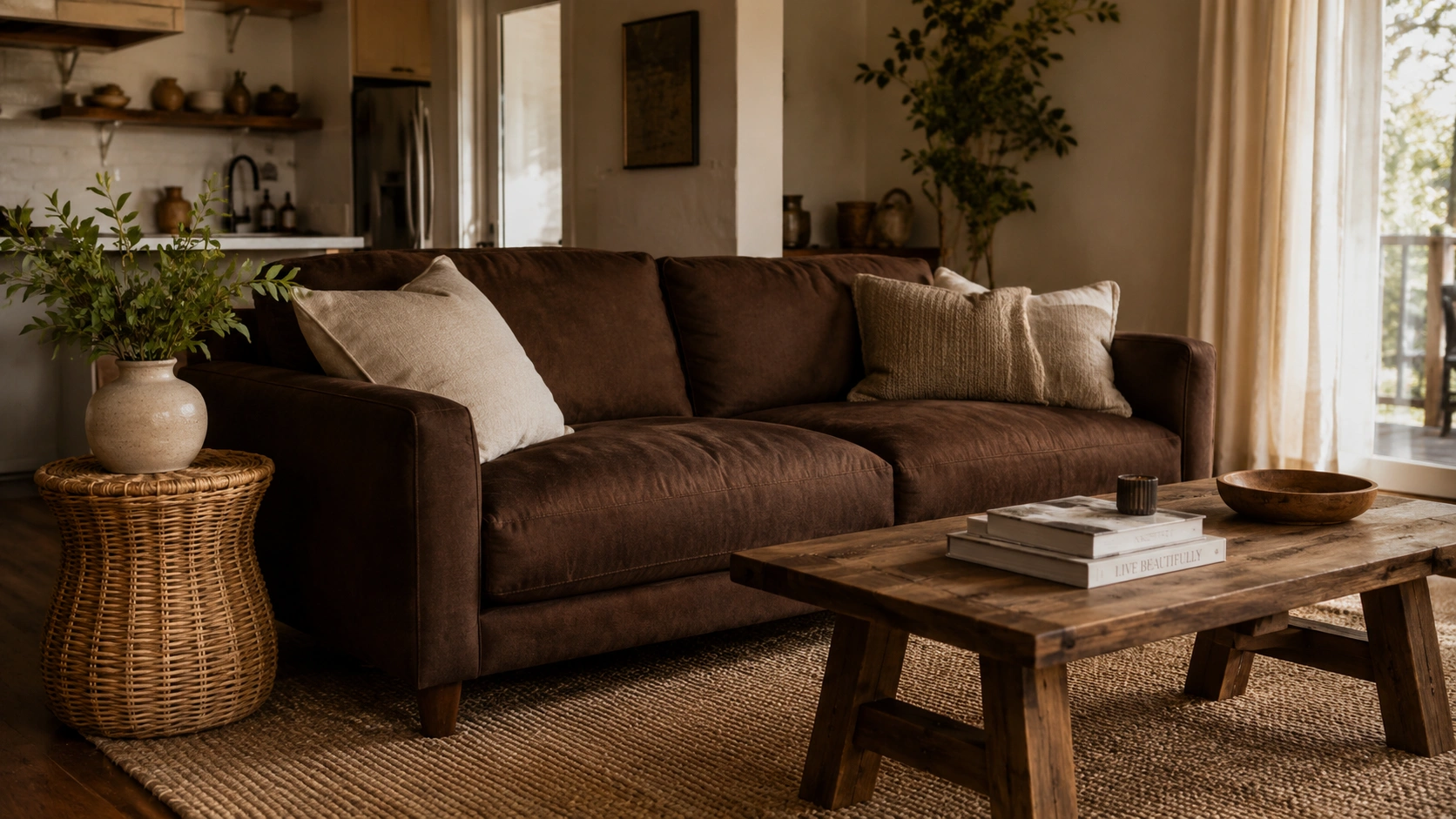 Chocolate brown sofa on a jute rug with a rattan side table in a warm earthy living room.