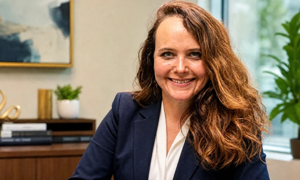 Kara Amstutz, DVM, smiling in a navy blazer during a professional office portrait.