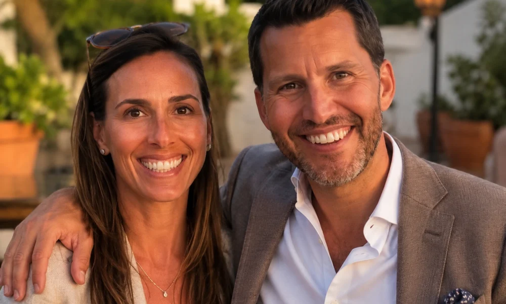 Smiling couple outdoors in a warm portrait-style scene for a Kathleen Cain biography article.