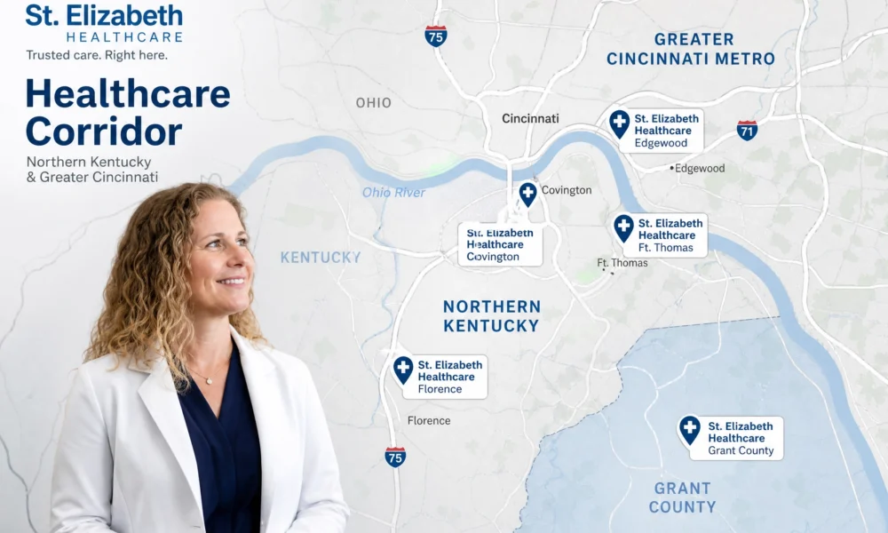 Kelly Heeb with St. Elizabeth Healthcare corridor map for Northern Kentucky and Greater Cincinnati