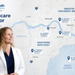 Kelly Heeb with St. Elizabeth Healthcare corridor map for Northern Kentucky and Greater Cincinnati