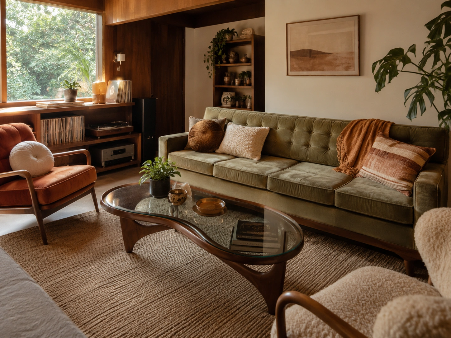 Mid-century living room with a kidney-shaped glass coffee table, green sofa, warm wood shelves, and plants.