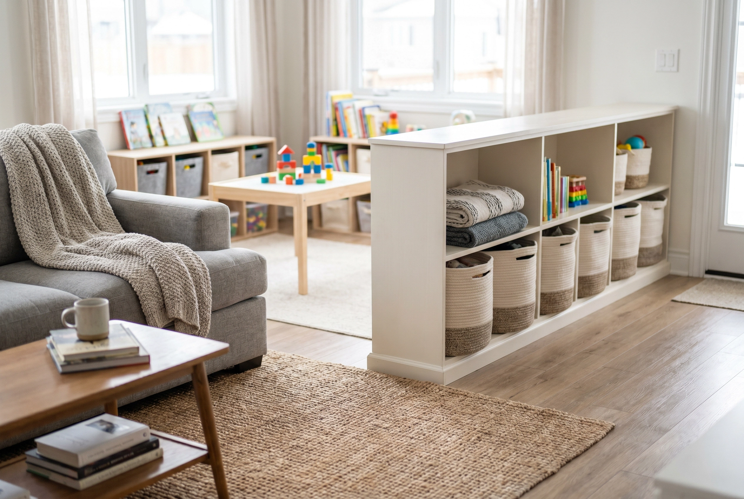 Kids' corner partition with built-in cubby storage separating a play area from a cozy living room.