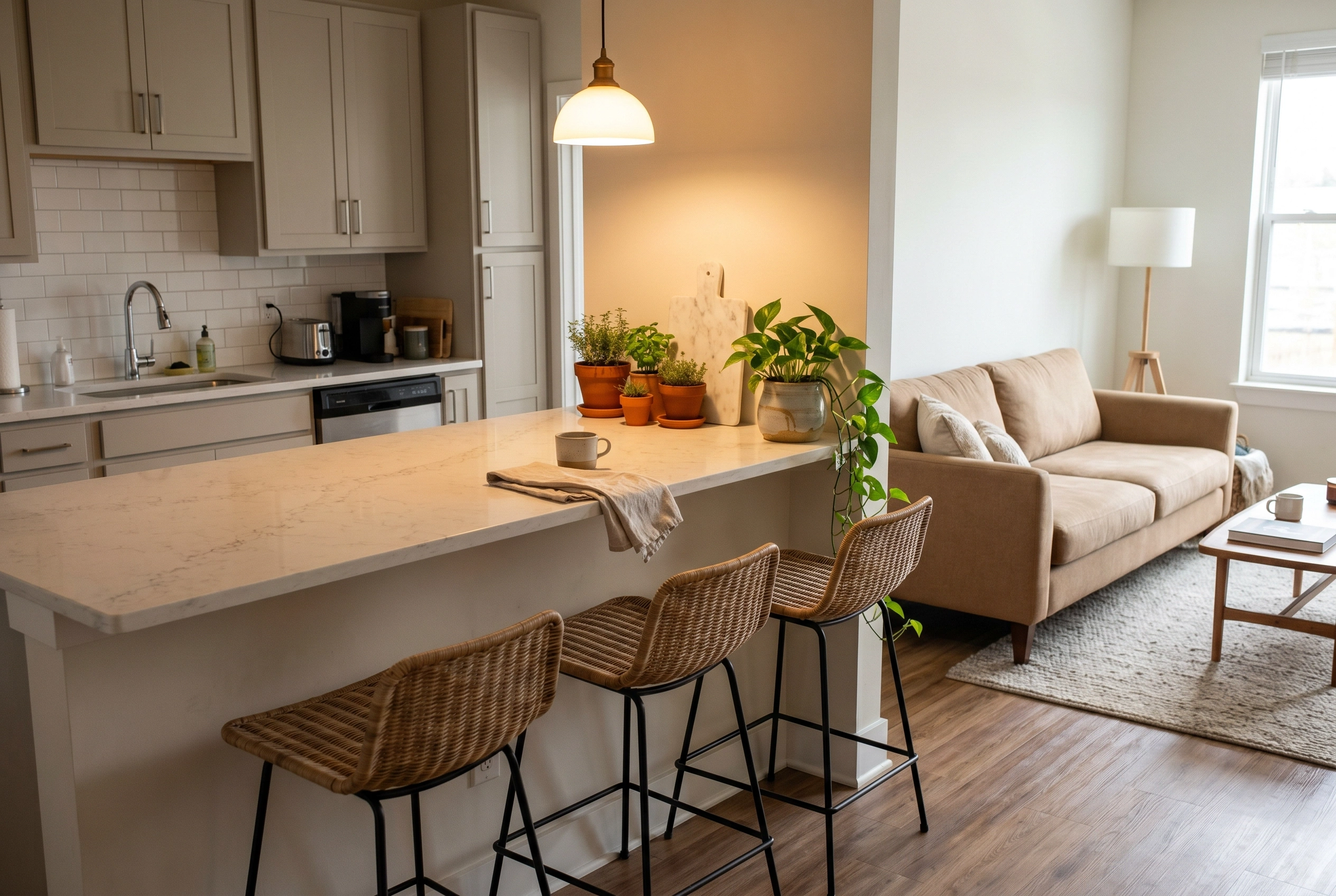 Kitchen bar counter dividing an open-plan kitchen and living room with stools, plants, and warm neutral decor.
