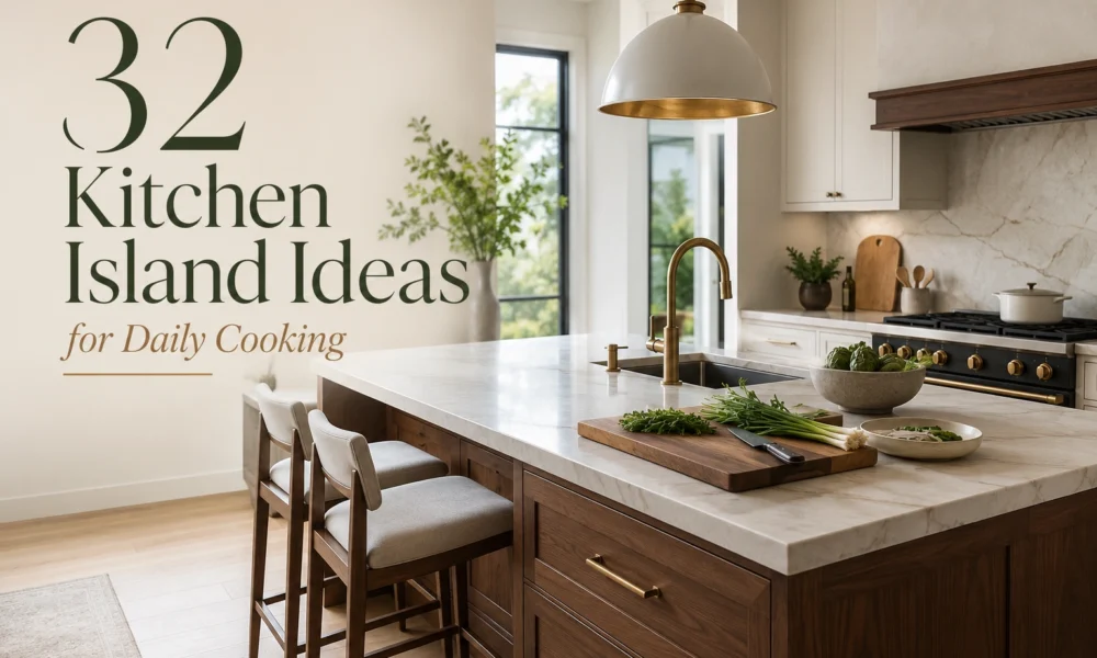 Modern kitchen island ideas with marble countertop, sink, seating, and Daily Cooking title overlay