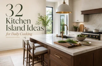 Modern kitchen island ideas with marble countertop, sink, seating, and Daily Cooking title overlay