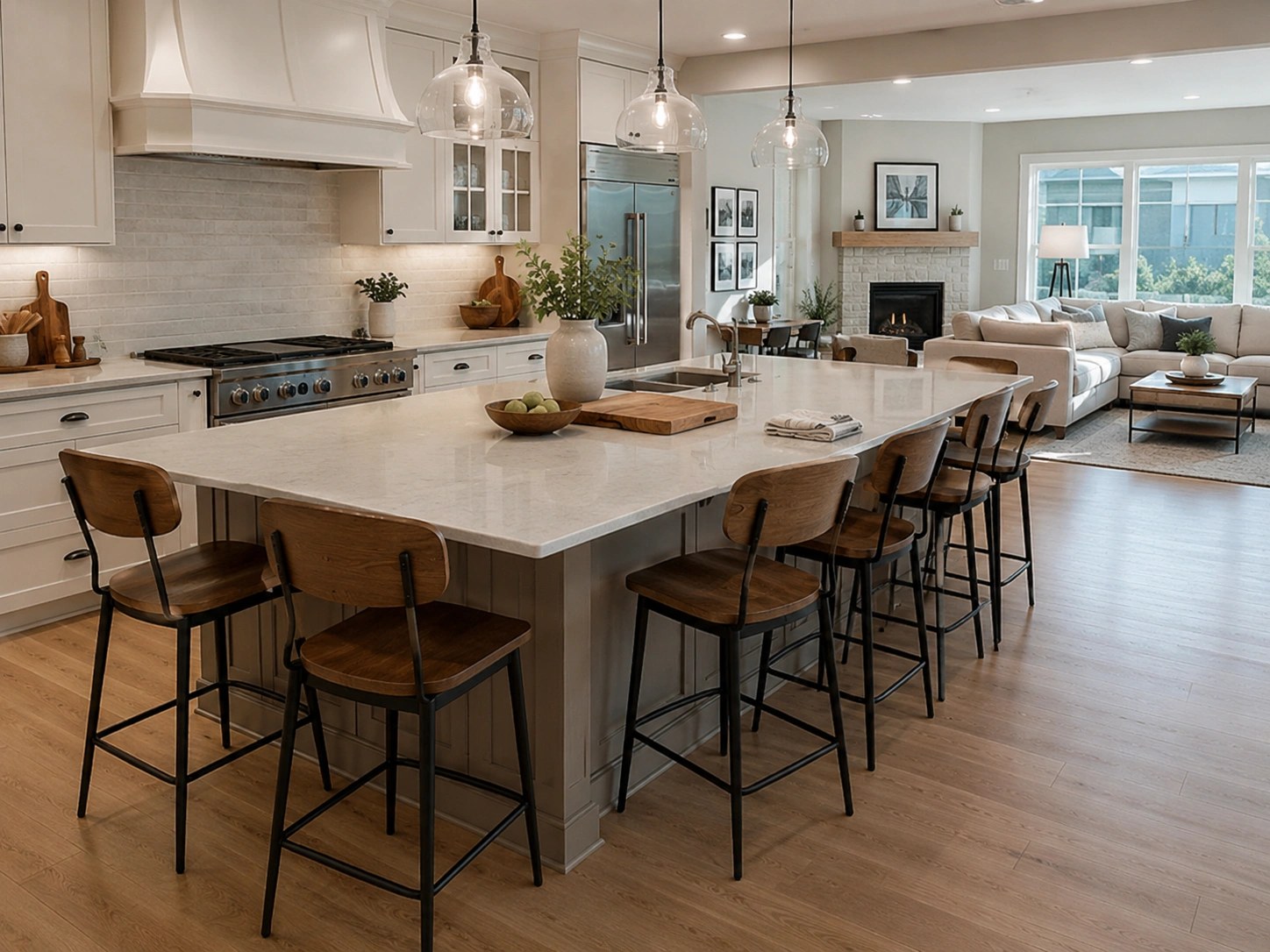 Kitchen island with counter-height seating on both long sides in an open white kitchen.