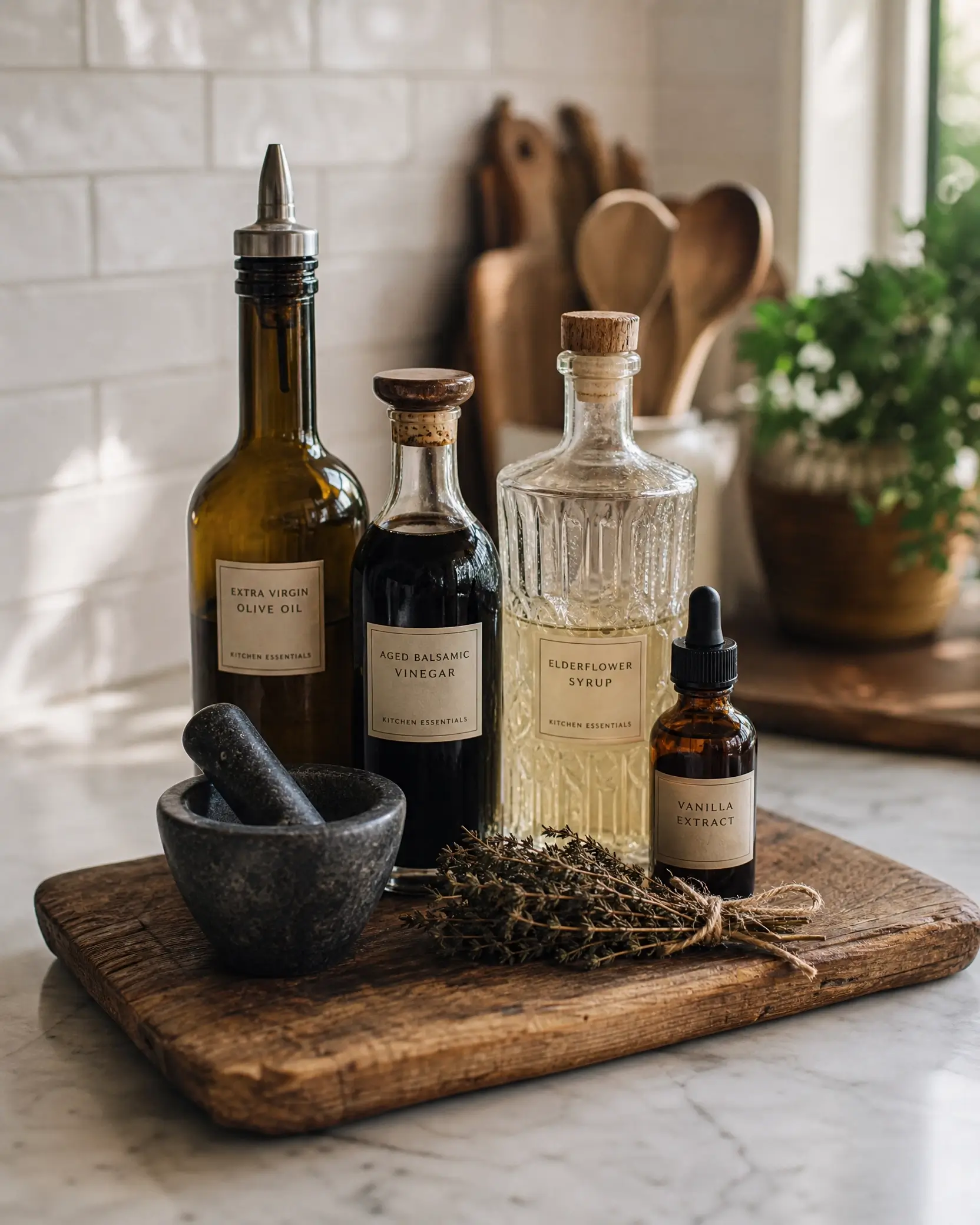 Artful kitchen potion corner with olive oil, balsamic vinegar, elderflower syrup, and vanilla extract.