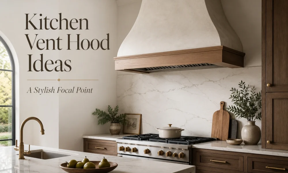 Kitchen vent hood ideas with a plaster range hood, wood trim, marble backsplash, and warm modern kitchen styling.