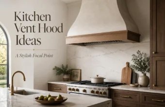 Kitchen vent hood ideas with a plaster range hood, wood trim, marble backsplash, and warm modern kitchen styling.