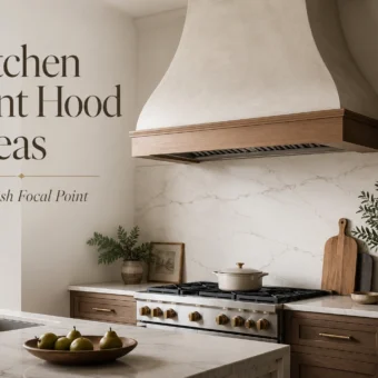 Kitchen vent hood ideas with a plaster range hood, wood trim, marble backsplash, and warm modern kitchen styling.