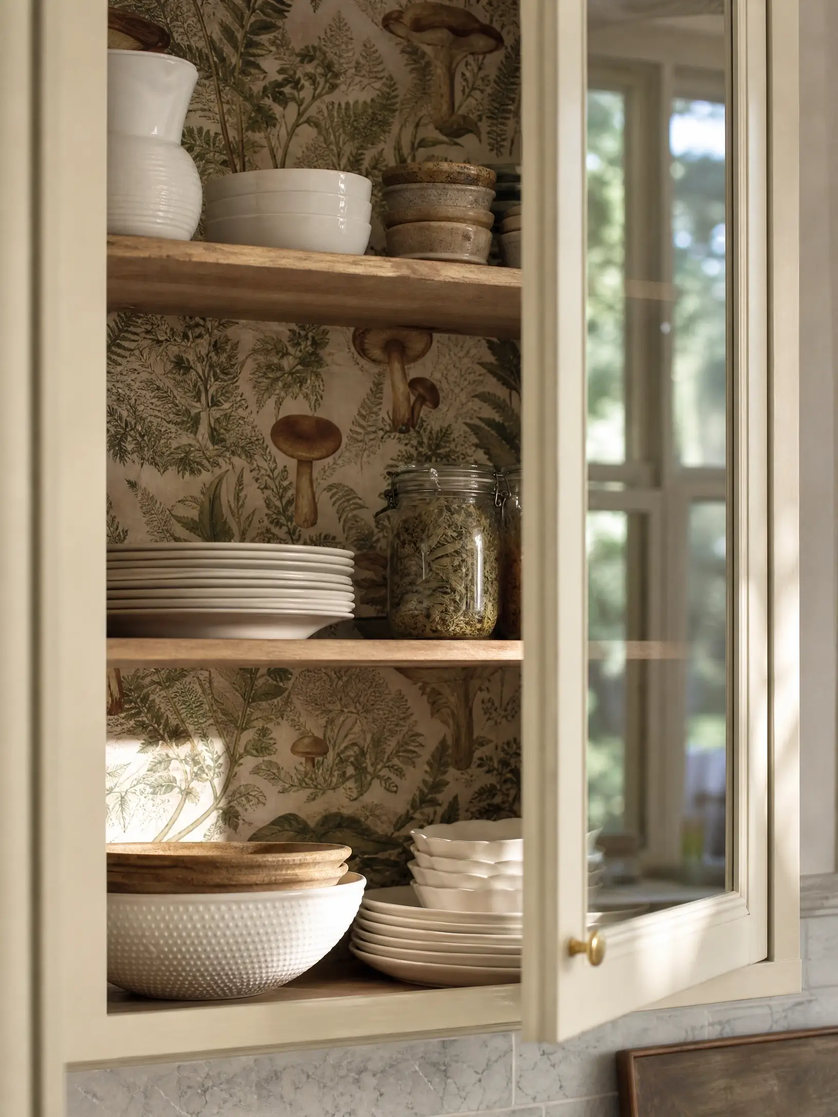 Open cream kitchen cabinet with botanical removable wallpaper behind white dishes, bowls, and glass jars.