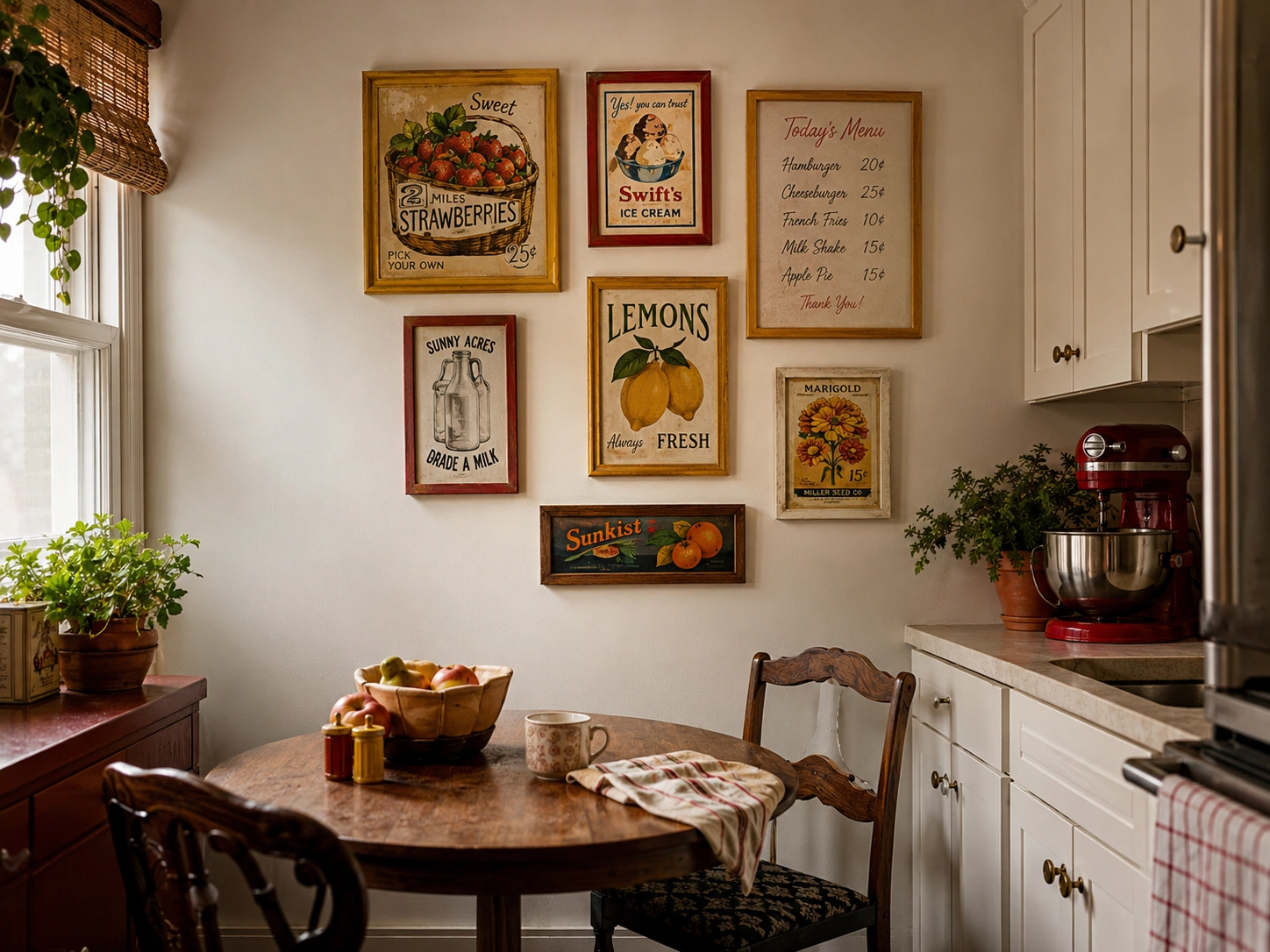 Kitschy kitchen gallery wall with retro fruit ads, diner menu art, and vintage frames above a small table.