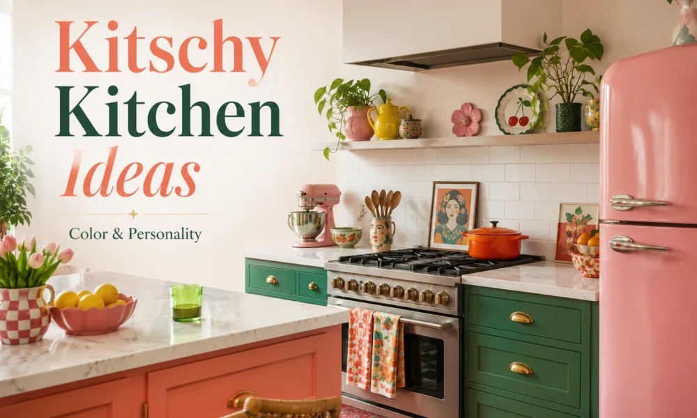 Kitschy kitchen with pink fridge, green cabinets, coral island, retro decor, and colorful vintage accents.