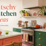 Kitschy kitchen with pink fridge, green cabinets, coral island, retro decor, and colorful vintage accents.