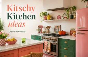 Kitschy kitchen with pink fridge, green cabinets, coral island, retro decor, and colorful vintage accents.