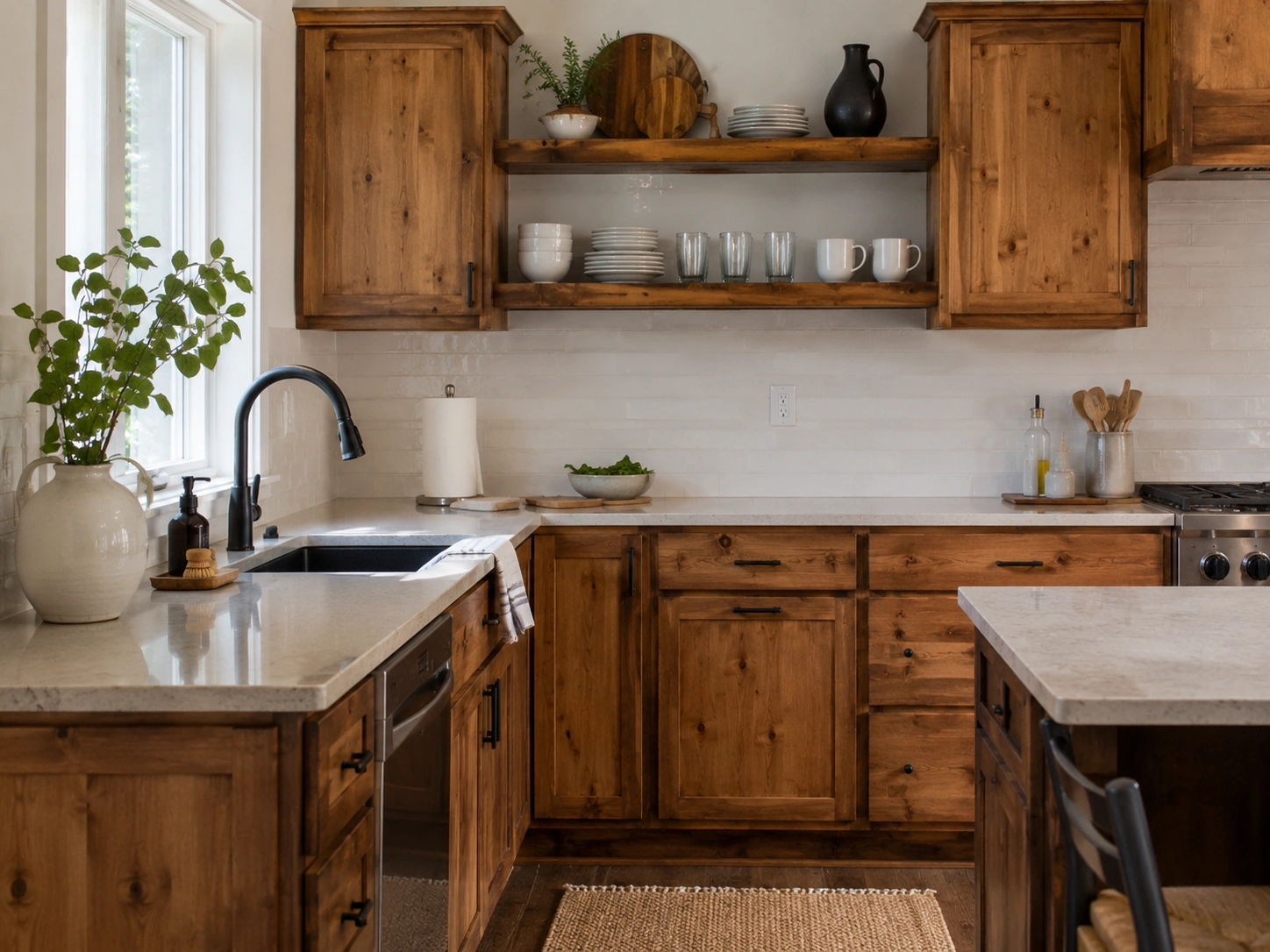 Knotty alder kitchen cabinets broken up with open wood shelving and white tile backsplash.