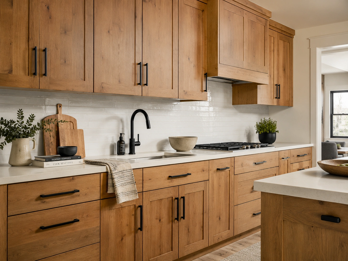 Knotty alder shaker kitchen cabinets with matte black pulls, white tile backsplash, and light countertop.