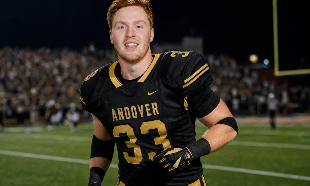 Kyle Olson in black Andover football uniform during a night game on the field
