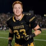 Kyle Olson in black Andover football uniform during a night game on the field