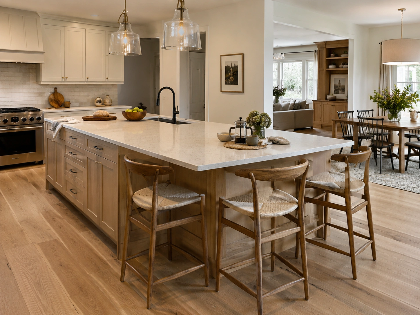 L-shaped kitchen island with quartz countertop and corner breakfast seating in a warm open-plan kitchen.