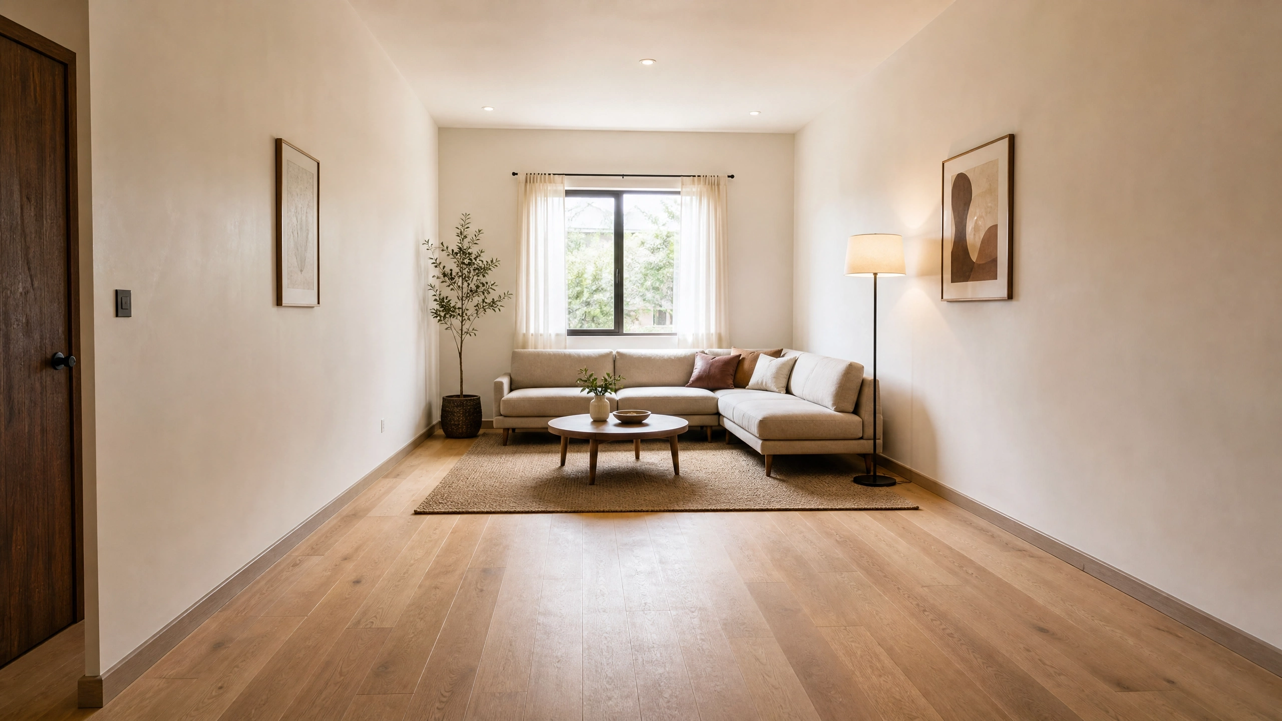 L-shaped sectional placed at one end of a long narrow living room with open floor space.