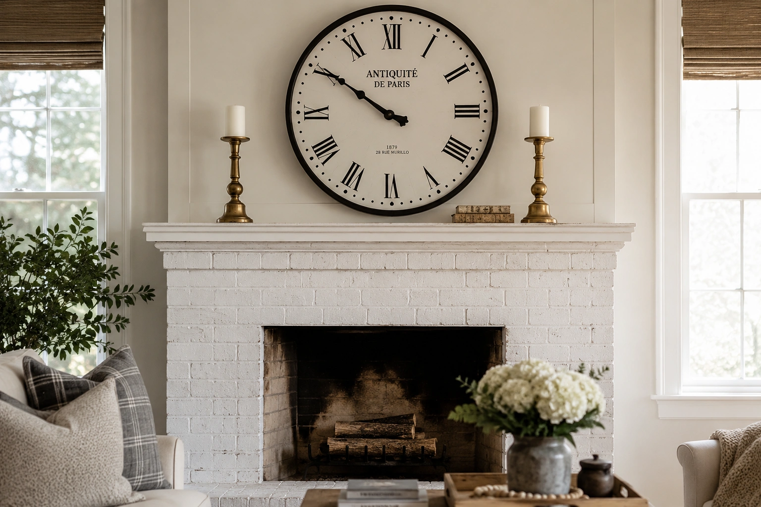 Large vintage clock centered above a white brick fireplace mantel with brass candle holders.