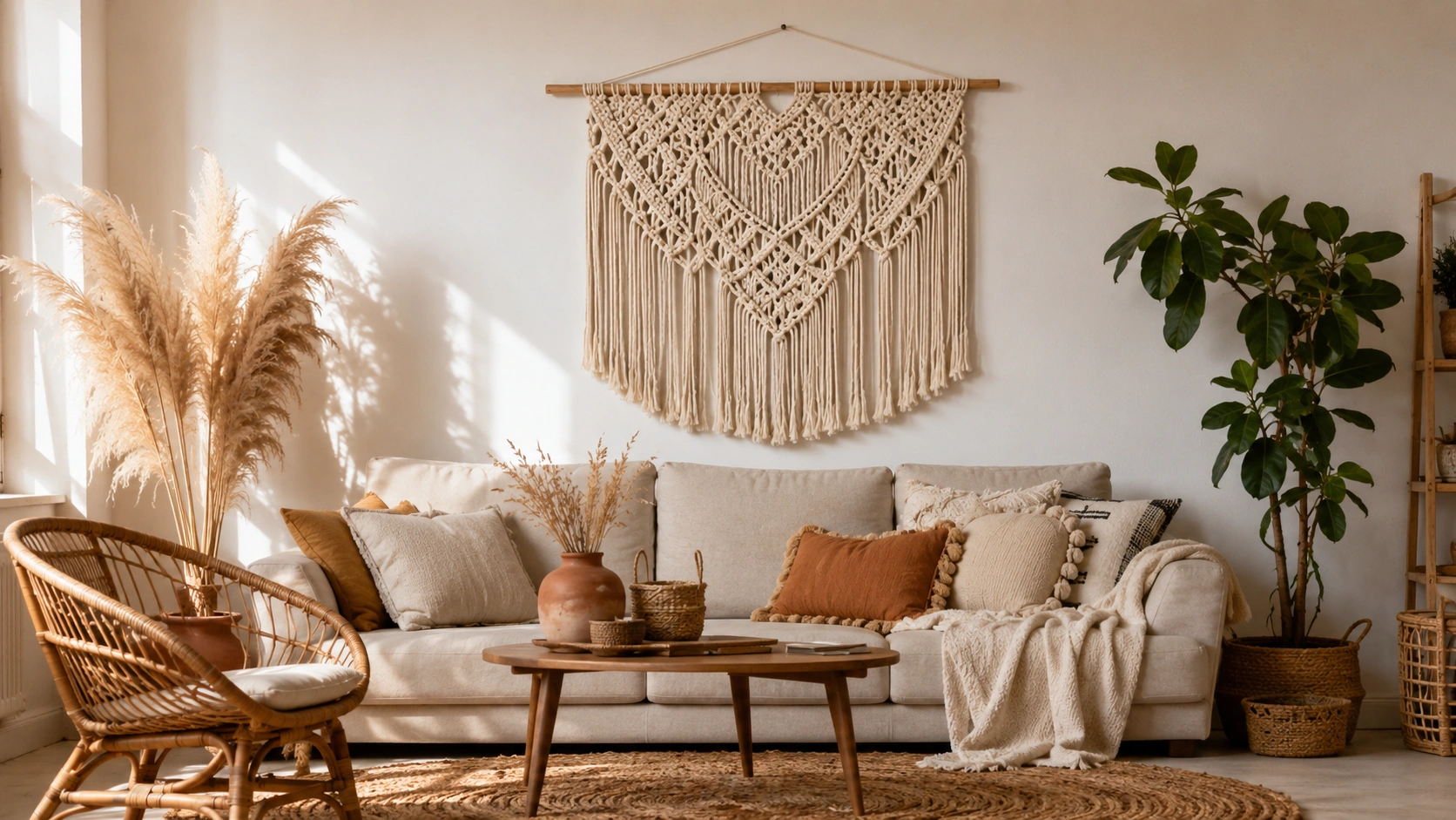 Boho living room with large macramé wall hanging above a beige sofa and pampas grass.