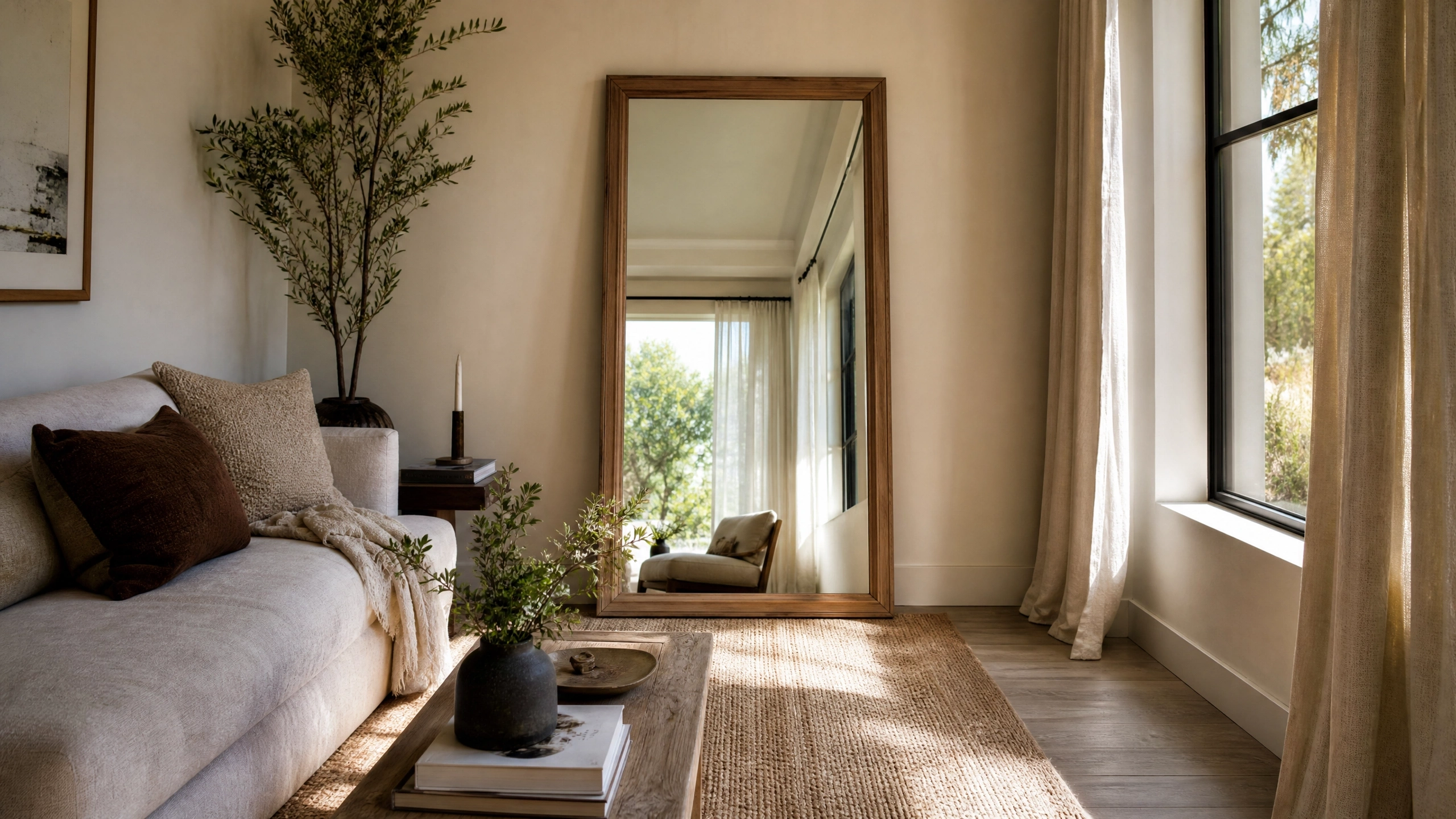 Large wood-framed mirror across from a living room window reflecting natural light.