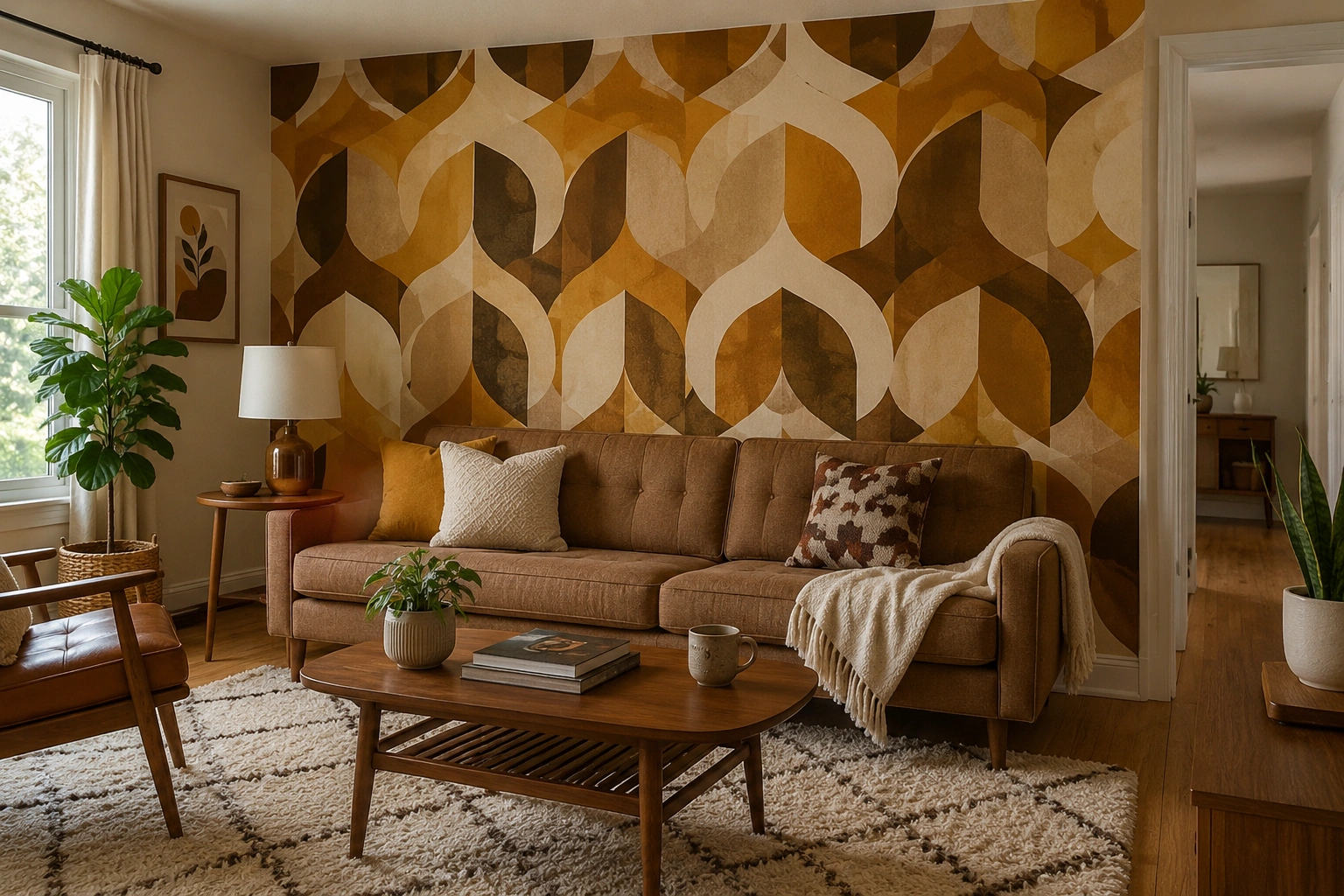 Mid-century living room with large-scale geometric wallpaper accent wall behind a brown sofa.