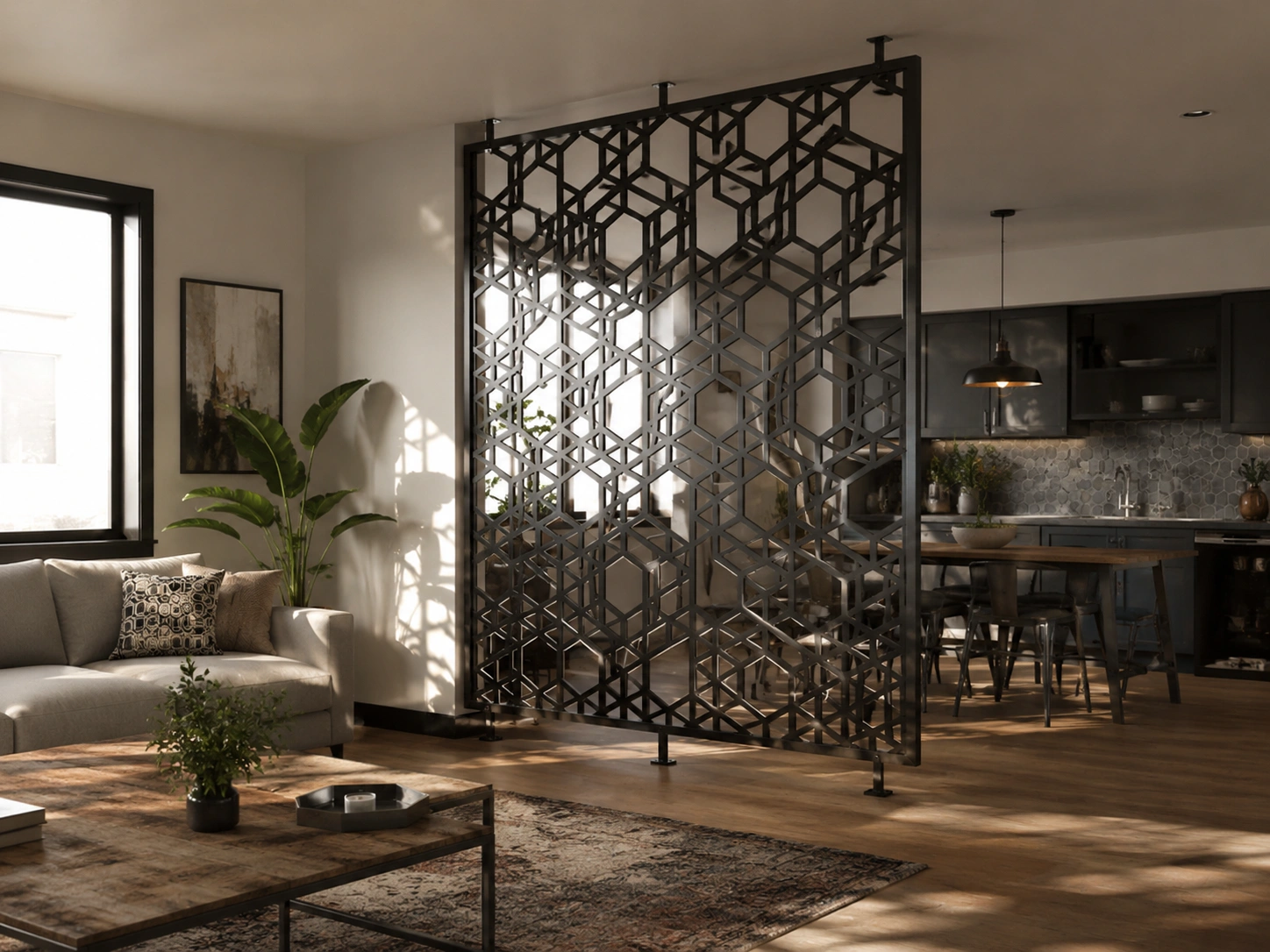 Black laser-cut geometric metal screen partition in a modern open-plan living room.