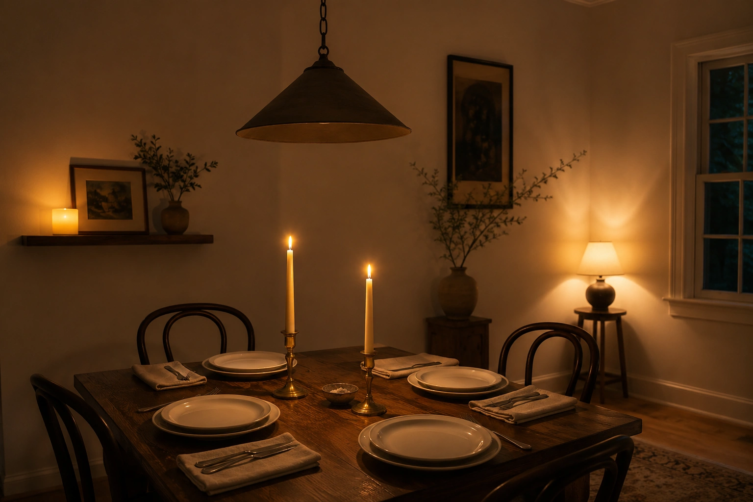 Evening dining room with candles, warm lamp glow, and a rustic table set for dinner.