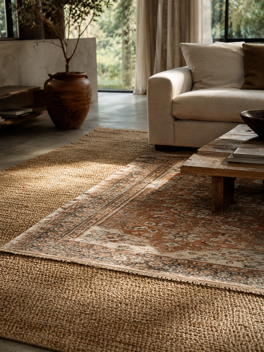 Layered jute and patterned area rugs in a warm modern living room with linen sofa and wooden coffee table.