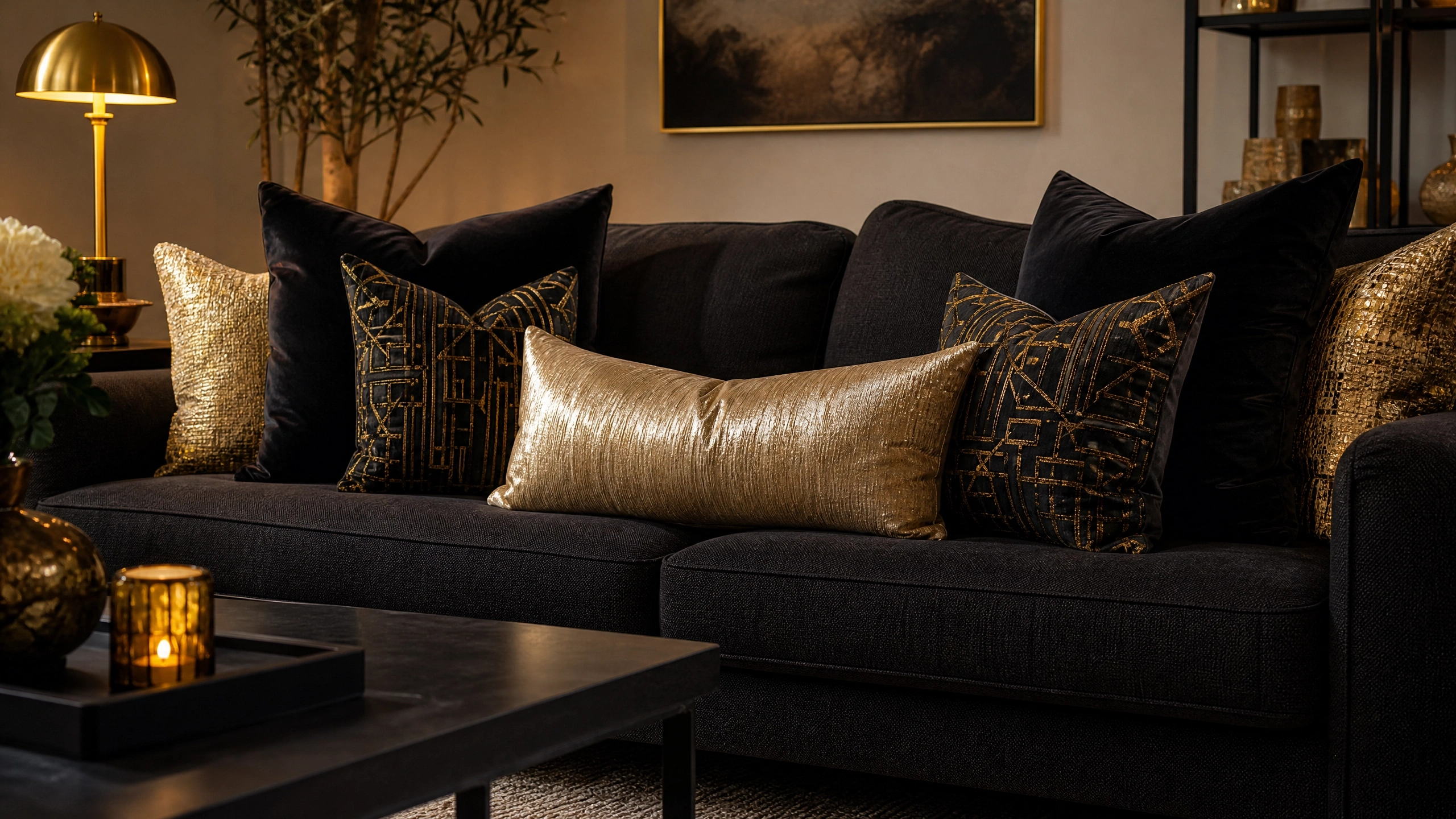 Layered black throw pillows with gold metallic textures on a dark luxury sofa