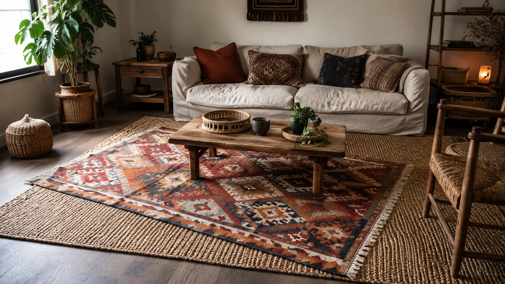 Layered jute and vintage kilim rugs in a cozy bohemian living room with linen sofa and wooden coffee table.