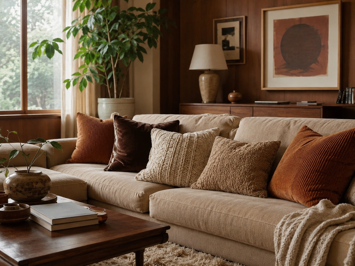 Layered corduroy, velvet, and chunky knit throw pillows on a beige sofa in a warm wood living room
