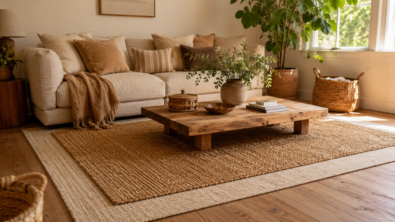 Layered jute rug over flat-weave base in an earthy living room with cream sofa, wood table, and plants.