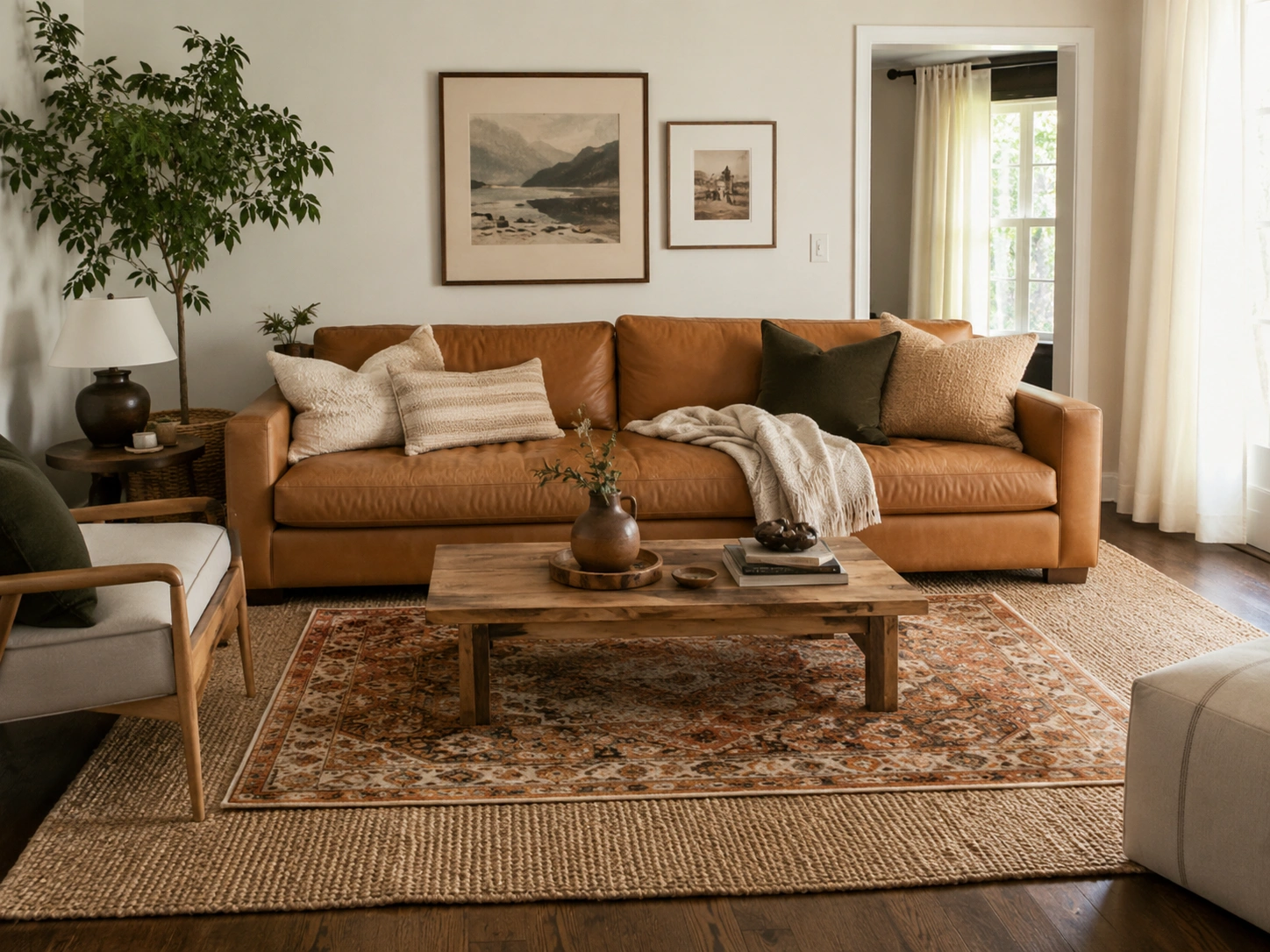 Layered jute rug with rust printed topper under a brown leather sofa in a cozy neutral living room