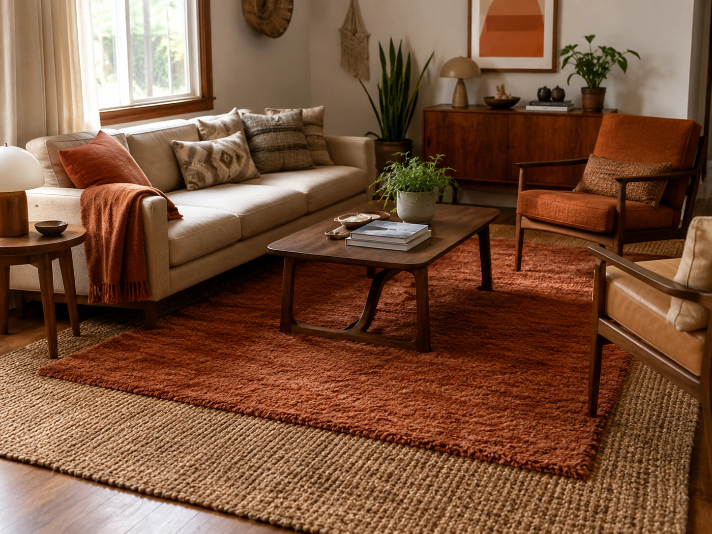 Boho living room with a rust shag rug layered over a woven jute rug beneath a wooden coffee table.