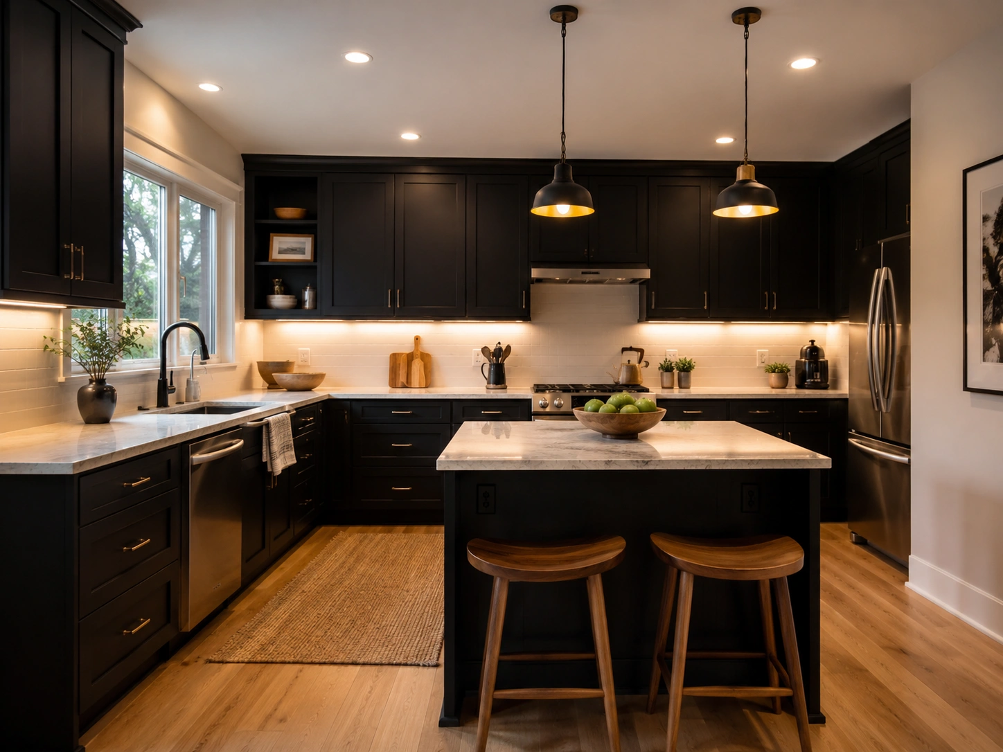 Black kitchen with recessed lights, under-cabinet lighting, and pendant lights over a marble island