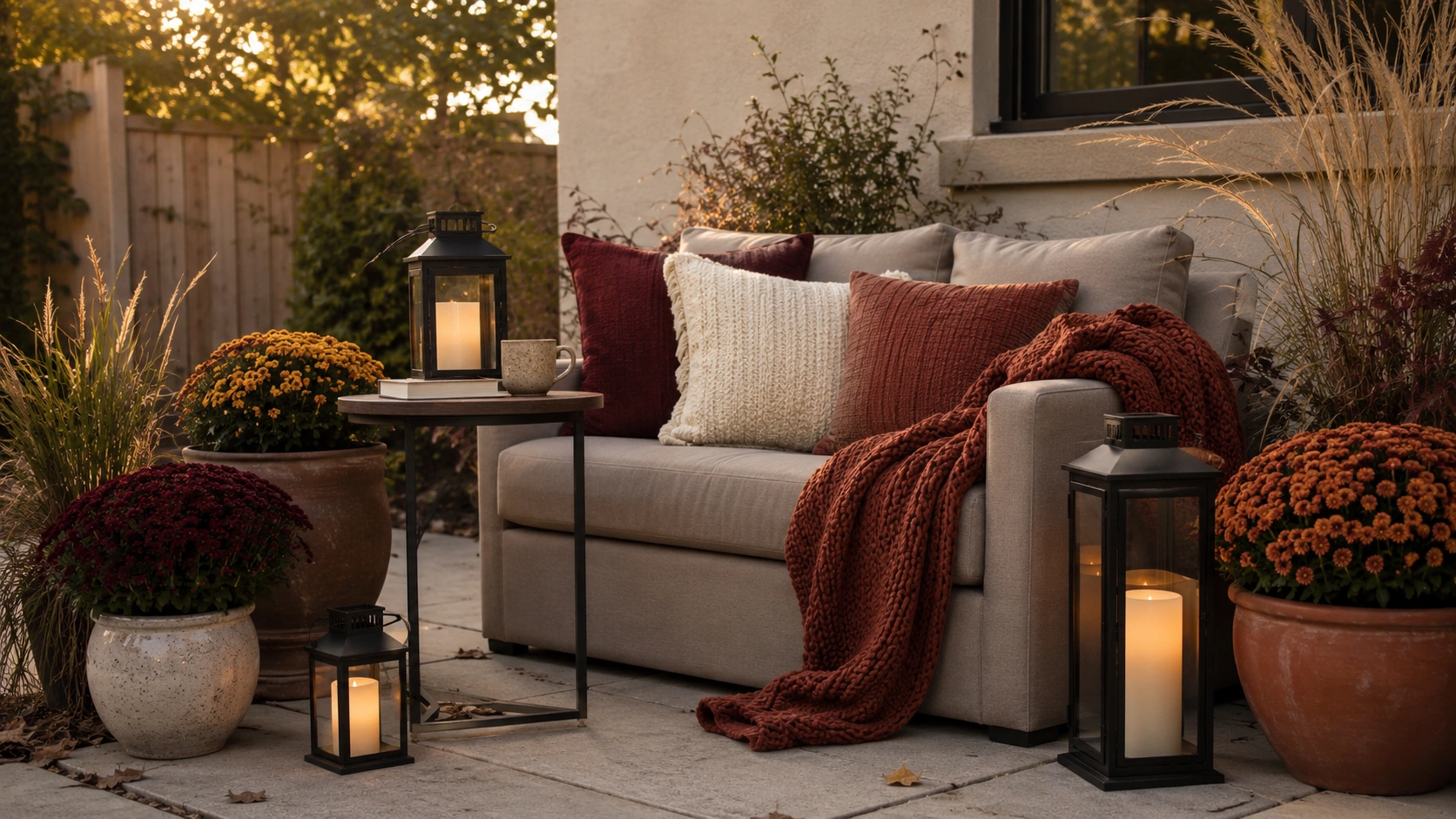 Cozy fall patio sofa with chunky throw blankets, warm pillows, potted mums, grasses, and glowing lanterns.