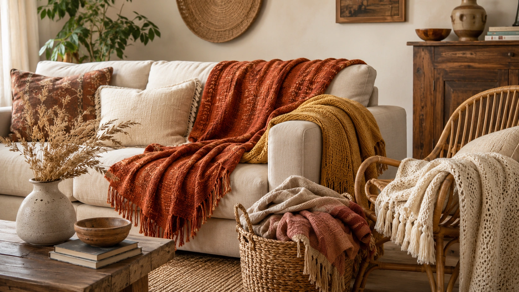 Textured woven throws and blankets layered across a linen sofa, rattan chair, and basket in a boho living room.